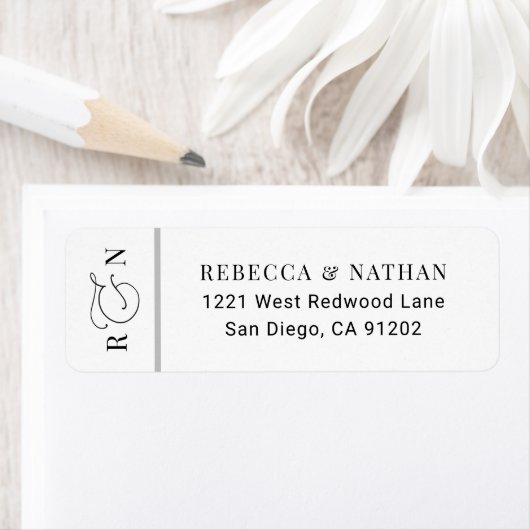 Black White Script Monogram Weduwadres zwart Etiket (Insitu)