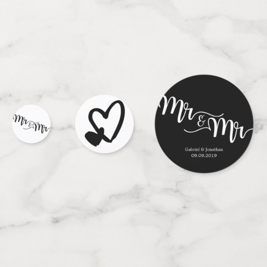 Black & White Script Mr en Mr Hearts Wedding Confetti (Achterkanten)