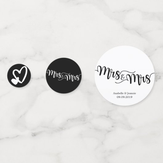 Black & White Script Mrs. en Mrs Hearts Wedding Confetti (Voorkanten)