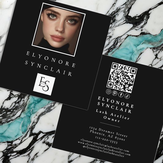 Black White Script Photo Logo QR Code Social Lash Vierkante Visitekaartje