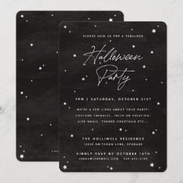 Black+White Script Scatered Stars Halloween Party Kaart