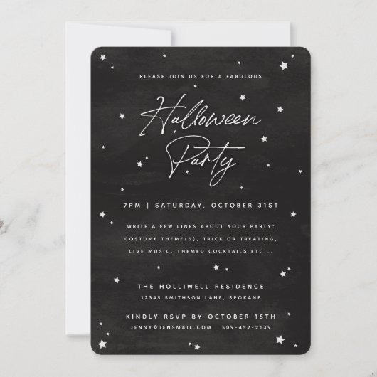 Black+White Script Scatered Stars Halloween Party Kaart (Voorkant)