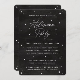 Black+White Script Scatered Stars Halloween Party Kaart