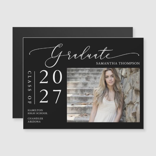 Black White Script School Afstuderen Photo Magnet (Voorkant / Achterkant)
