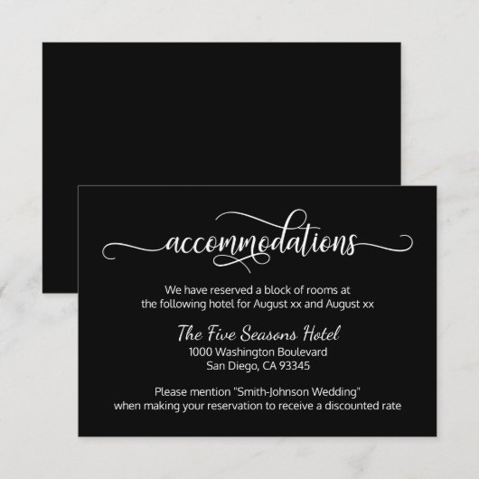 Black White Script Wedding - accommodaties Informatiekaartje (Voorkant / Achterkant)