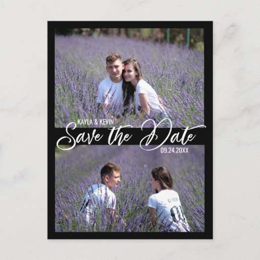 Black White Script Wedding SAVE THE DATE | 2 FOTO Aankondigingskaart (Voorkant)