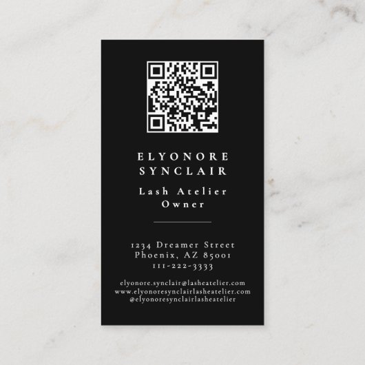 Black White Script Wimpers Studio Logo QR Code Visitekaartje (Achterkant)