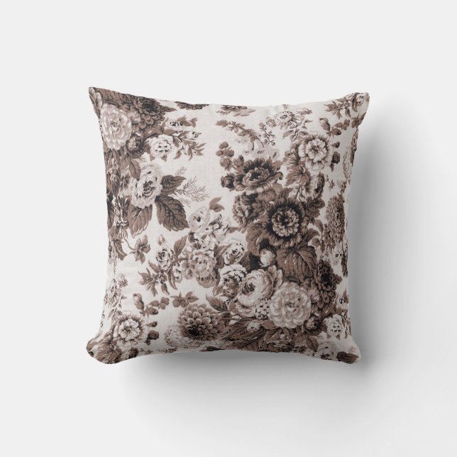 Black White Sepia Brown Tone  Floral Toile Kussen (Voorkant)