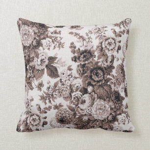 Black White Sepia Brown Tone  Floral Toile Kussen