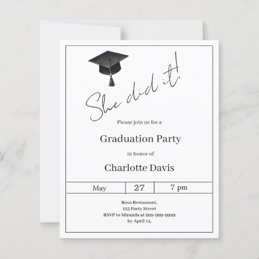 Black white She did it Graduation Party invitation (Voorkant)