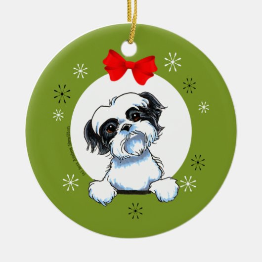 Black White Shih Tzu-kerstmuziek Keramisch Ornament (Voorkant)