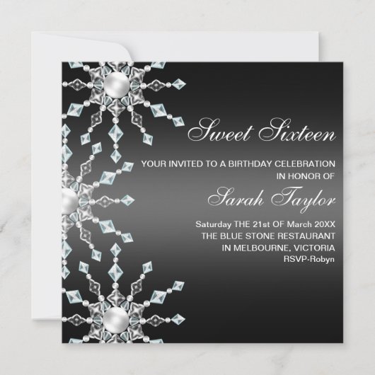 Black & White Shimmer Snowflake Verjaardag Uitnodi Kaart (Voorkant)