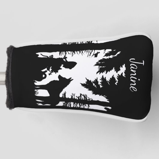Black White Silhouette Riding Hood Wolf onder Boom Golfheadcover (Voorkant)