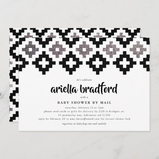 Black White Silver Boho Aztec Baby shower Kaart (Voorkant / Achterkant)