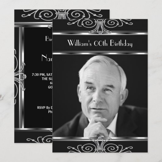 Black White Silver  Deco Birthday Party Kaart (Voorkant / Achterkant)