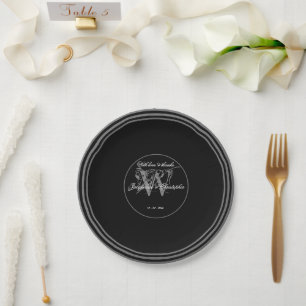 Black White Silver Elegant Wedding Chic Monogram Papieren Bordje