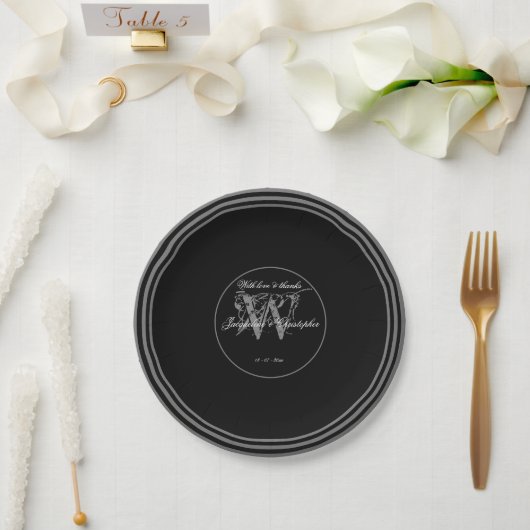 Black White Silver Elegant Wedding Chic Monogram Papieren Bordje (Huwelijk)