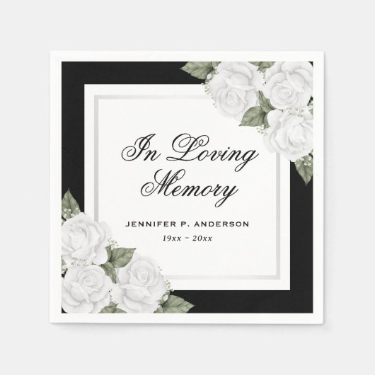 Black White Silver Floral Funeral Memorial Servet (Voorkant)
