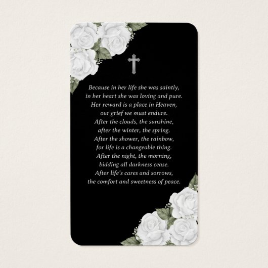 Black White Silver Floral Memorial Prayer Kaart (Achterkant)