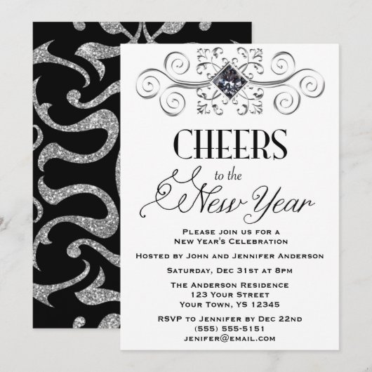 Black White Silver Glamor nieuwjaarsfeest Kaart (Voorkant / Achterkant)