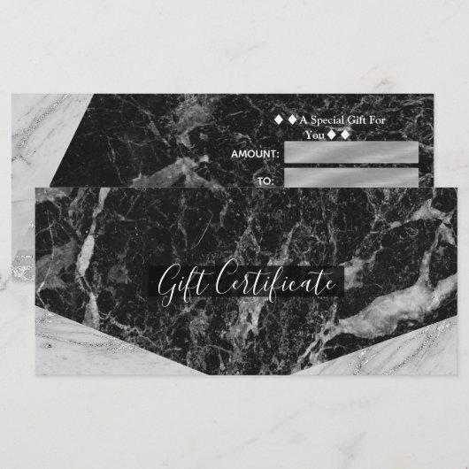 Black White & Silver Marble Glam Gift Certificate (Voorkant / Achterkant)