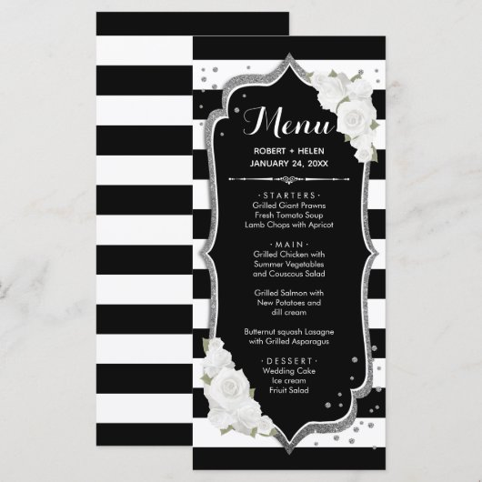 Black White Silver-menukaart Programmakaart (Voorkant / Achterkant)