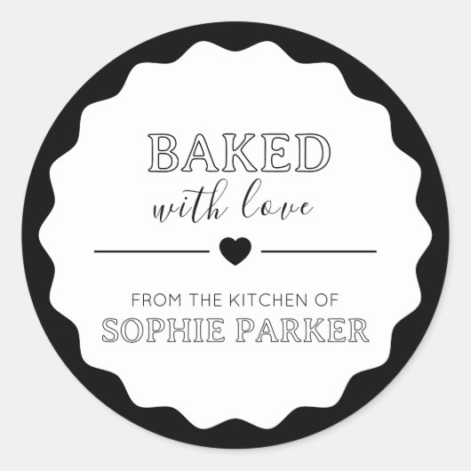 Black White Simple Baked With Love Scallop Sticker (Voorkant)