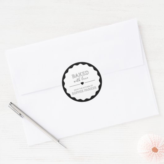 Black White Simple Baked With Love Scallop Sticker (Envelop)