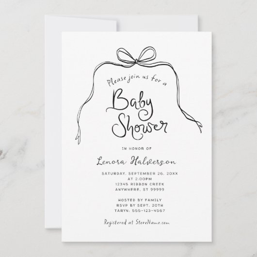 Black White Simple Bow Baby shower Invitation Kaart (Voorkant)