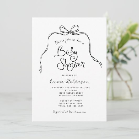 Black White Simple Bow Baby shower Invitation Kaart (Staand voorkant)