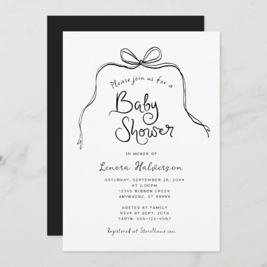 Black White Simple Bow Baby shower Invitation Kaart (Voorkant / Achterkant)