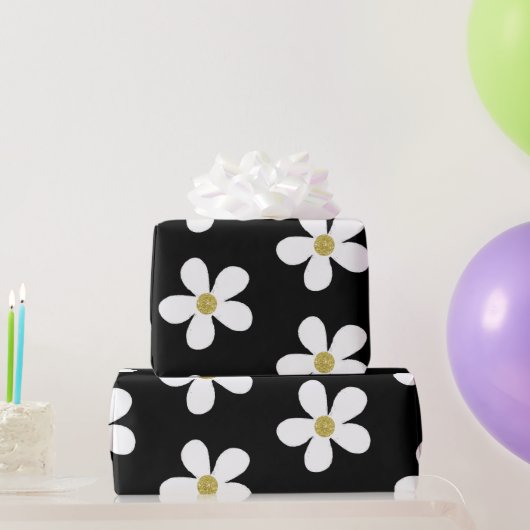 Black White Simple Daisy Gold Cadeaupapier (Feestgeschenken)