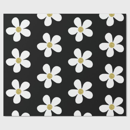 Black White Simple Daisy Gold Cadeaupapier (Vlak)