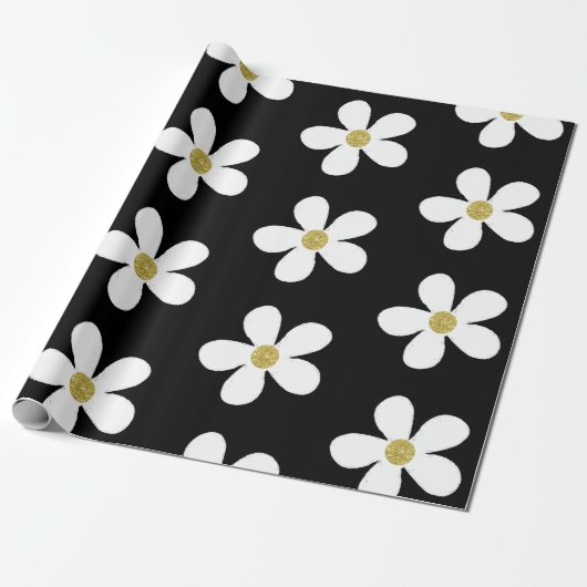 Black White Simple Daisy Gold Cadeaupapier (Uitgerold)