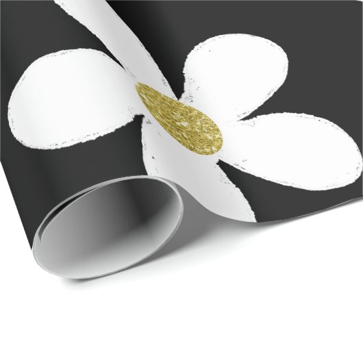 Black White Simple Daisy Gold Cadeaupapier (Rol Hoek)