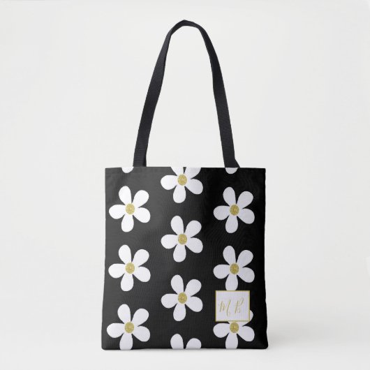 Black White Simple Daisy Gold Monogram Tote Bag (Voorkant)