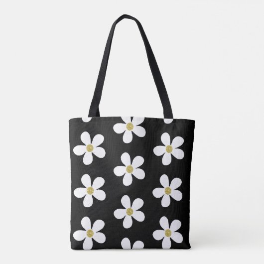 Black White Simple Daisy Gold Monogram Tote Bag (Achterkant)
