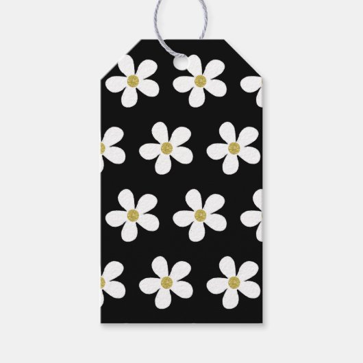 Black White Simple Daisy Gold Pattern Cadeaulabel (Voorkant)