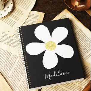 Black White Simple Daisy Gold Personal School Notitieboek