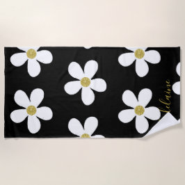 Black White Simple Daisy Gold Personal Strandlaken