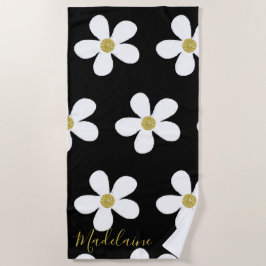 Black White Simple Daisy Gold Personal Strandlaken