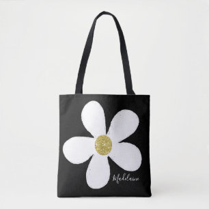 Black White Simple Daisy Gold Personal Tote Bag