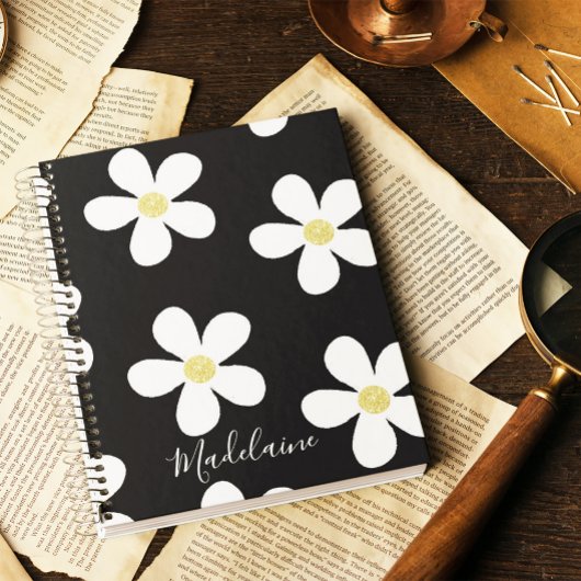 Black White Simple Daisy Pattern Gold School Notitieboek
