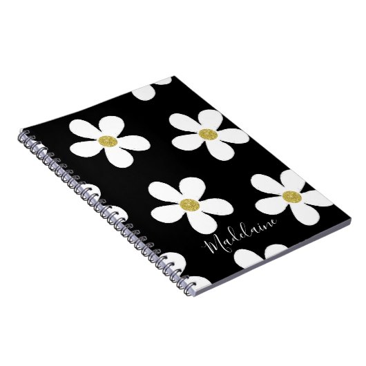 Black White Simple Daisy Pattern Gold School Notitieboek (Rechterzijde)