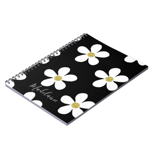 Black White Simple Daisy Pattern Gold School Notitieboek (Linkerzijde)