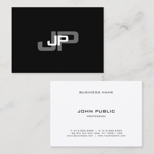 Black White Simple Modern Monogramed Sjabloon Visitekaartje (Voorkant / Achterkant)