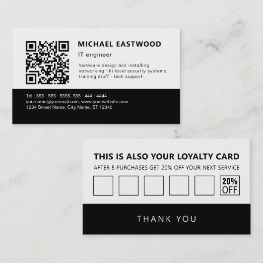 Black White Simple QR Code 2 in 1 Loyalty en Visitekaartje (Voorkant / Achterkant)