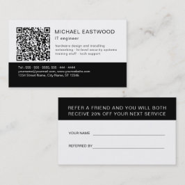 Black White Simple QR Code 2 in 1 Referral en Visitekaartje
