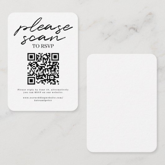 Black White Simple Script Weduwend RSVP QR Code Informatiekaartje (Voorkant / Achterkant)