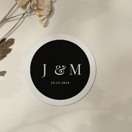 Black White Simple Typography Monogram Weddenschap Ronde Sticker